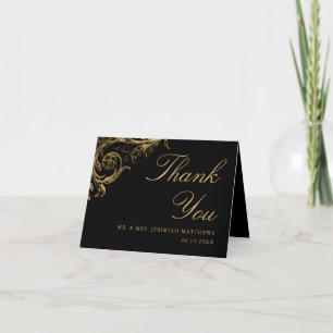 Antike schwarze goldene Blumen-Damask-Schrift Hoch Dankeskarte