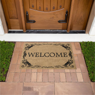 Antike Scroll Border Willkommen auf Imitate Burlap Fußmatte