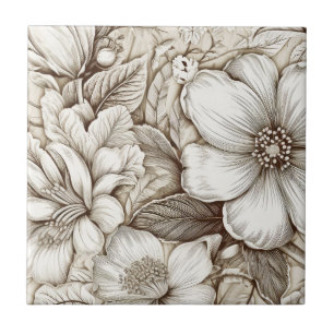 Antike Sepia-Blumenstichzeichnung Elfenbein Fliese