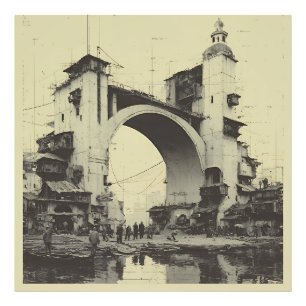 Antike Sepia-Bogenbrücke Flussmarkt Fotodruck