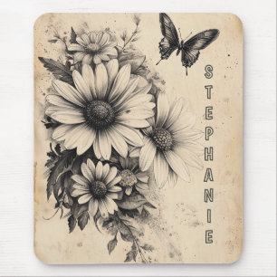 Antike Sepia-Gänseblümchen-Schmetterling-Botanik Mousepad