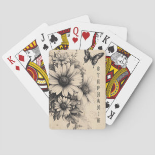 Antike Sepia-Gänseblümchen-Schmetterling-Botanik Spielkarten