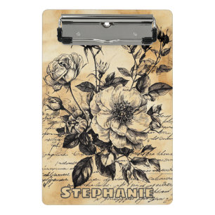 Antike Sepia-Rosen-Botanik-Skizze Florale Schrift Mini Klemmbrett