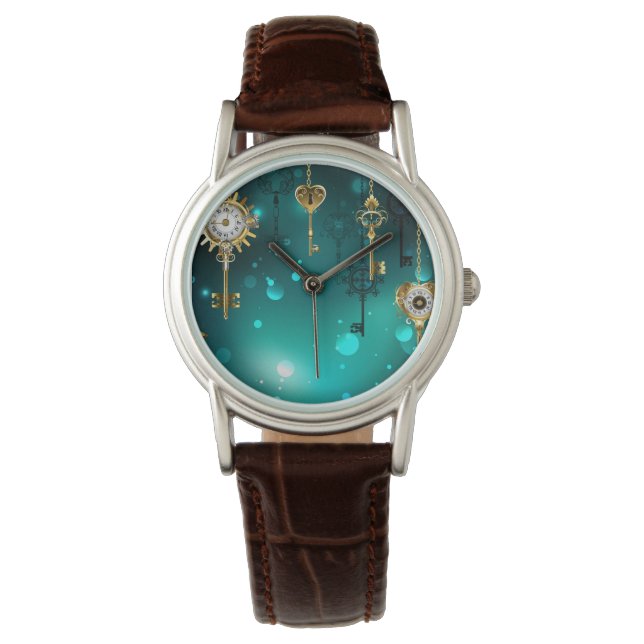 Antike Skeleton Keys on Green Background Armbanduhr (Vorderseite)