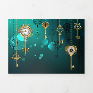 Antike Skeleton Keys on Green Background Dreifach Gefaltete Ankündigung