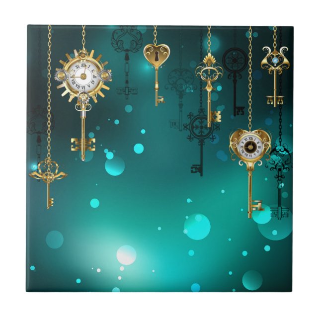 Antike Skeleton Keys on Green Background Fliese (Vorderseite)