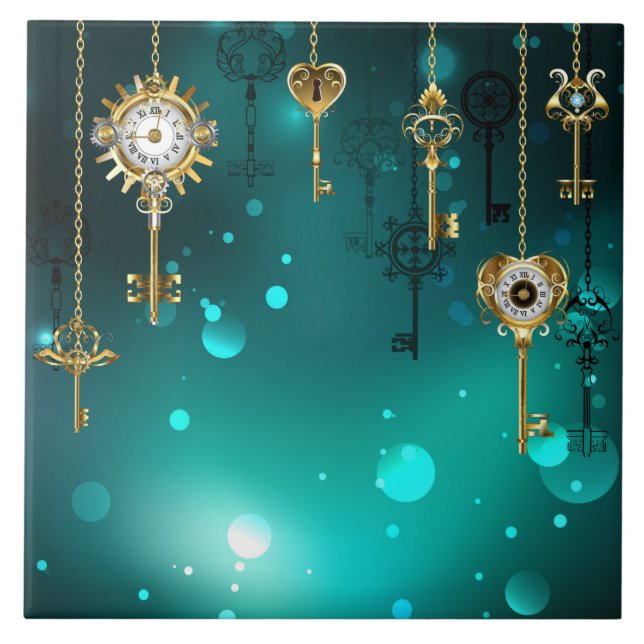 Antike Skeleton Keys on Green Background Fliese (Vorderseite)