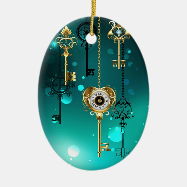 Antike Skeleton Keys on Green Background Keramik Ornament (Vorne)