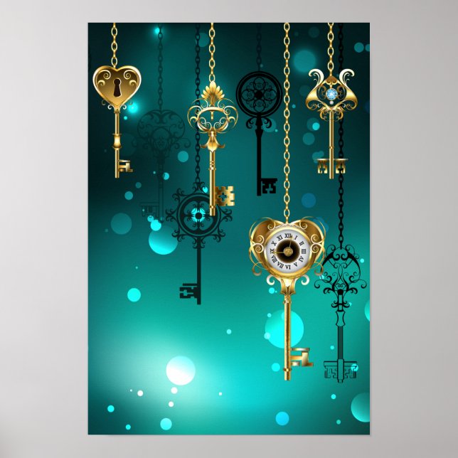 Antike Skeleton Keys on Green Background Poster (Vorne)