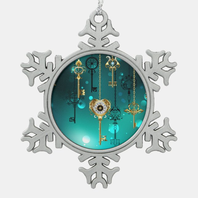 Antike Skeleton Keys on Green Background Schneeflocken Zinn-Ornament (Vorderseite)