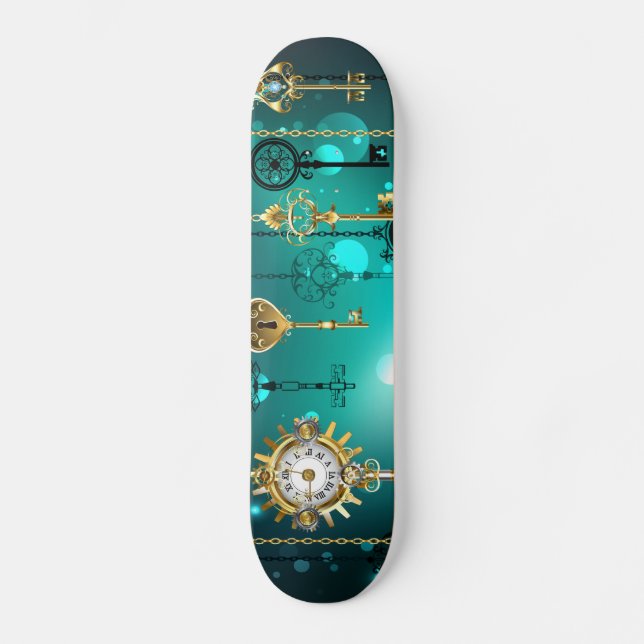 Antike Skeleton Keys on Green Background Skateboard (Vorderseite)