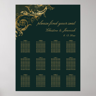 Antike Smaragdgrüne Goldene Florale Damast Hochzei Poster
