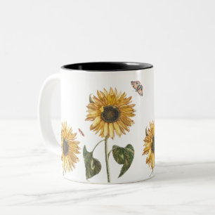 Antike Sonnenblume Raupe Schmetterling Zeichnend Zweifarbige Tasse