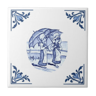 Antike Sonnenschirm Mädchen Delft Ecke Blau und We Fliese