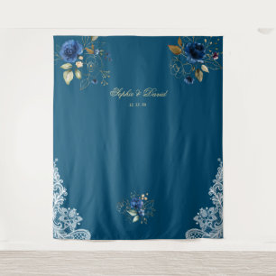 Antike Spitze Blaue Blumige Goldene Hochzeitsdekor Wandteppich