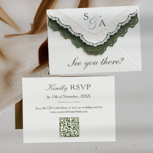 Antike Spitzen-Hochzeit mit Olivgrünem QR-Code ein RSVP Karte