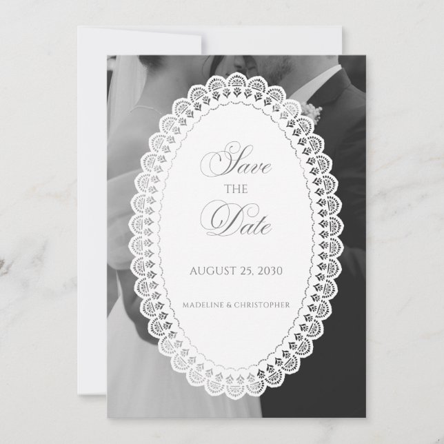 Antike Spitzendeckchen-Foto-Hochzeit Save The Date (Vorderseite)