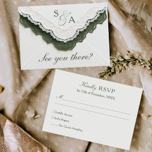 Antike Spitzendeko Olivegrüne Hochzeit per Post Ei RSVP Karte