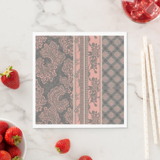 Antike Staubrosa und Anthrazitgraue Spitzen-Damask Serviette