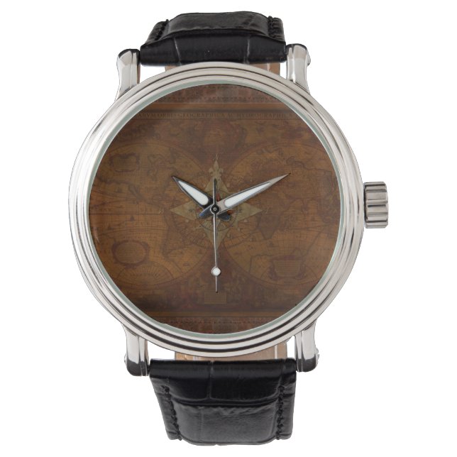 Antike Steampunk-Kompass-Rose und Alte Weltkarte Armbanduhr (Vorderseite)