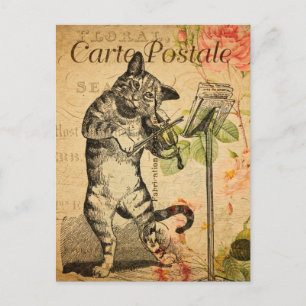 Antike süße Katze spielt Fiedel Violine Französisc Postkarte
