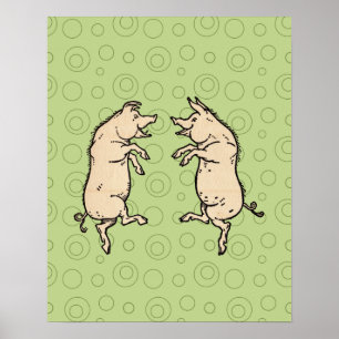 Antike tanzende Schweine: Whimsical Vintage Piggy Poster
