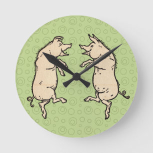 Antike Tanzschweine: Whimsical Vintag Piggy Jig Runde Wanduhr