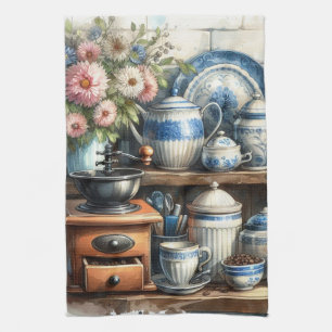 Antike Tasse Topfplatte Blau Geschirrtuch