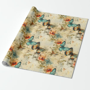 Antike Teal Orange Schmetterling Floral Geschenkpapier