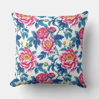 Antike Teal- und rosa Chinoiserie-Pfingstrose-Blum Kissen