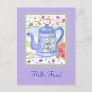 Antike Teekanne Aquarell Blumen Hallo Freund Postkarte