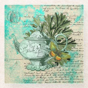 Antike Teekanne & Ephemera-Collage Glasuntersetzer