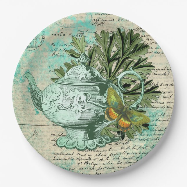 Antike Teekanne & Ephemera Collage Pappteller (Vorderseite)