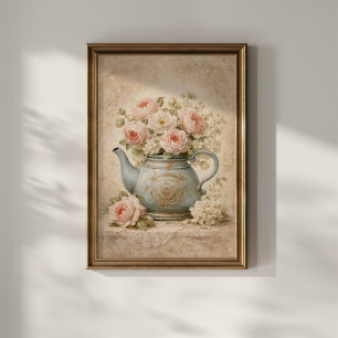 Antike Teekanne mit Rosen Poster