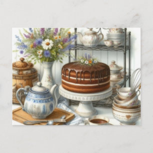 Antike Teekanne und Kuchen Teezeit Postkarte