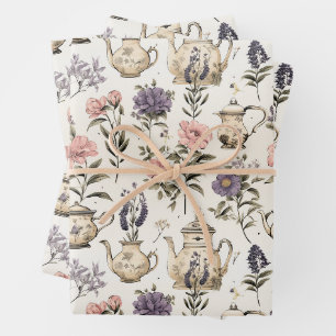 Antike Teekannen und Blumen  Geschenkpapier Set