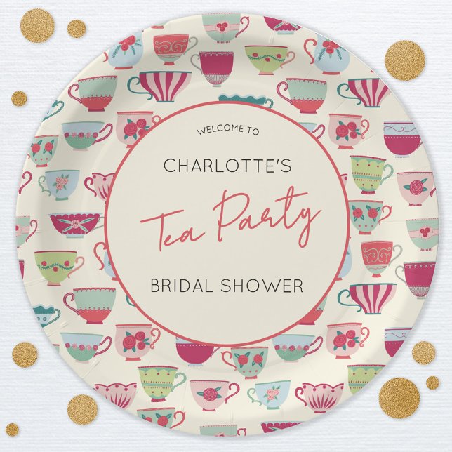 Antike Teeparty-Brautparty Pappteller (Modern vintage teacup pattern personalized bridal shower tea party paper plates)