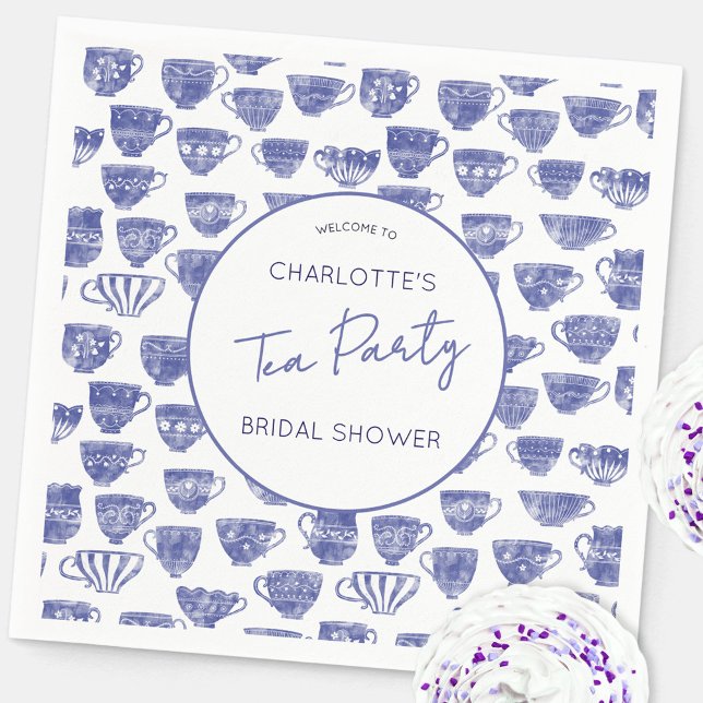 Antike-Teeparty-Brautstrauß-Tasse Serviette (Antique teacup blue white watercolor pattern tea party theme bridal shower napkin with custom text)