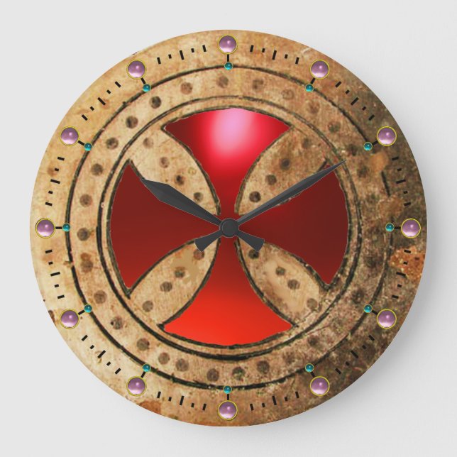 ANTIKE TEMPLAR CROSS Red Ruby Gem Große Wanduhr (Vorderseite)