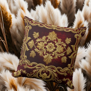 Antike Texturierte Stickerei-Optik Rot Gold Fleur- Kissen