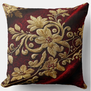 Antike Texturierte Stickerei Rot Gold Floral Kissen