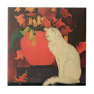 Antike Tiere, elegante weiße Katze, Herbstblumen Fliese