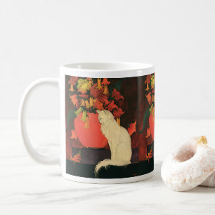 Antike Tiere, elegante weiße Katze, Herbstblumen Kaffeetasse