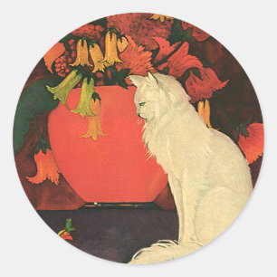 Antike Tiere, elegante weiße Katze, Herbstblumen Runder Aufkleber