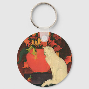 Antike Tiere, elegante weiße Katze, Herbstblumen Schlüsselanhänger