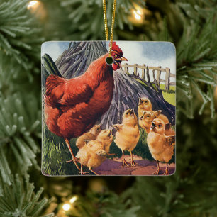 Antike Tiere, Huhn mit Küken auf dem Bauernhof Keramikornament