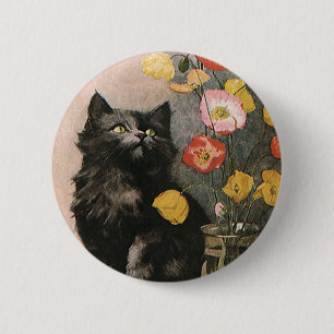 Antike Tiere, süße viktorianische Katze und Blumen Button
