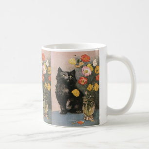 Antike Tiere, süße viktorianische Katze und Blumen Kaffeetasse