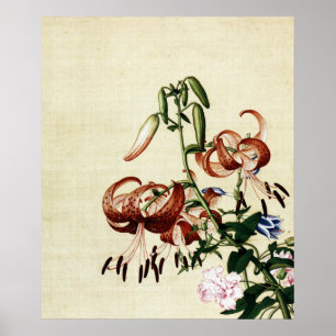 Antike Tigerlilien- und Pfingstrosen-Chinoiserie-K Poster