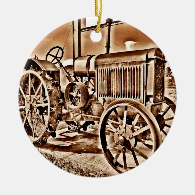 Antike Traktorenanlage Klassische Sepia Keramik Ornament (Vorne)